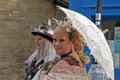 Two women in costume in the street at the annual hebden bridge steampunk weekend