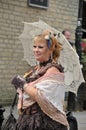 Women in costume in the street at the annual hebden bridge steampunk weekend