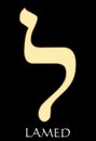Hebrew letter lamed, twelfth letter of hebrew alphabet, meaning is spur, gold design on black background