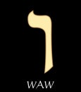 Hebrew letter waw, sixth letter of hebrew alphabet, meaning is hook, gold design on black background Royalty Free Stock Photo