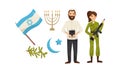 Hebrew Man with Torah and Golden Menora as Traditional Attribute of Israel Vector Set