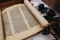 Hebrew religious handwritten Torah parchment scroll Royalty Free Stock Photo