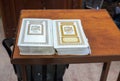 Jewish holy books Siddur on wooden stand at synagogue in Cave of Machpelah in Hebron or Tomb of the Patriarchs. Israel