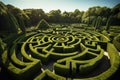 Hedge maze aerial view, green labyrinth of trimmed bushes in landscaped garden, abstract geometric pattern of plants in park.