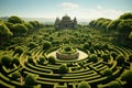 Hedge maze and castle, aerial view of green labyrinth of trimmed bushes in landscaped garden, abstract geometric pattern of plants Royalty Free Stock Photo