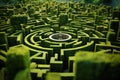 Hedge maze, green labyrinth of trimmed bushes in summer garden. Aerial view of abstract geometric pattern of plants in park.