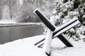 Hedgehog antitank defence in winter background. anti-tank protection in the form of large black metal hedgehogs Royalty Free Stock Photo