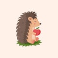 Hedgehog with apple. Cute forest animal, porcupine character, wildlife or zoo adorable creature with needles. Baby