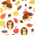 Hedgehog apple leaf and acorn seamless autumn pattern.