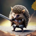 Hedgehog in armor with a sword and a shield on autumn leaves