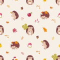 Hedgehog autumn seamless pattern. Fall hedgehogs, forest cartoon fabric print. Mushroom and leaves, baby creatures