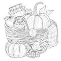 Hedgehog in a basket with harvest. Coloring book antistress for adults.