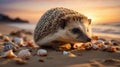 Adorable Hedgehog on the Beach at Sunset Royalty Free Stock Photo