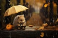 hedgehog on a bench, with a forgotten umbrella and raindrops on the bench