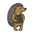 Hedgehog in body armor color sketch engraving