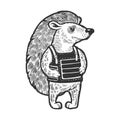 Hedgehog in body armor sketch engraving vector