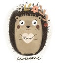 Awesome. cartoon hedgehog, hand drawing lettering, decorative elements. colorful illustration for kids, flat style.