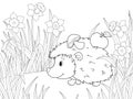 Hedgehog carries fruit on its back, a narcissus bush. Children picture coloring, black stroke, white background.