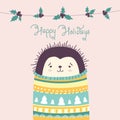 Hedgehog. Christmas vector card with cute animal in a cozy Norwegian sweater, in pastel colors. Minimalist flat illustration in