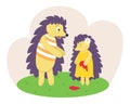 Hedgehog dad with baby. Vector illustration. Cartoon hedgehog parent. Dad softens and takes pity on his daughter