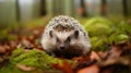 Hedgehog in dark wood, autumn image. European Hedgehog, on a green moss in the forest, Generative AI