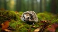 Hedgehog in dark wood, autumn image. European Hedgehog, on a green moss in the forest, Generative AI Royalty Free Stock Photo