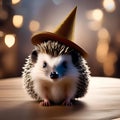 A hedgehog disguised as a wizard, wearing a pointed hat and holding a tiny wand1