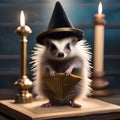 A hedgehog disguised as a wizard, wearing a pointed hat and holding a tiny wand4