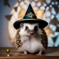 A hedgehog disguised as a wizard, wearing a pointed hat and holding a tiny wand2