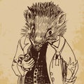 Hedgehog dressed up in a jacket with a pipe hand drawn sketch