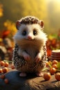 Hedgehog Enjoys Golden Hour Amidst Fall Leave. AI generation