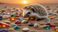 A Curious Hedgehog Wandering on Sandy Beach Among Colorful Shells with Warm Sunset Light Royalty Free Stock Photo