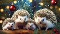 hedgehog family with Christmas decorations