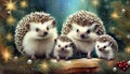 hedgehog family with Christmas decorations