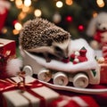 A hedgehog family in Christmas pajamas, unboxing a miniature holiday train set5