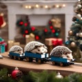 A hedgehog family in Christmas pajamas, unboxing a miniature holiday train set3