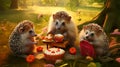 Hedgehog family picnic, a joyful gathering in a sunlit meadow. Generative AI