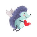 Hedgehog flies on wings of love with heart in hand