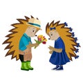 Hedgehog gives a bouquet of flowers. Vector illustration