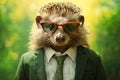 Hedgehog in green suit with shirt, tie and sunglasses. AI generated