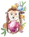 Hedgehog holds a red ball with a New Year`s decor on the back, on pins and needles