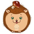 Hedgehog icon. Vector illustration of a cute cartoon hedgehog with a mushroom. Hand drawn smiling hedgehog