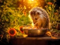 hedgehog indulging in cat food from the bowl