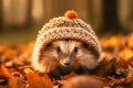 Hedgehog with knitted hat on blurred autumn park landscape background