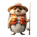 A hedgehog in a life jacket and sun hat, holding a fishing rod.