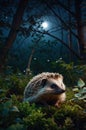 Adorable Hedgehog Under Moonlight in Forest Royalty Free Stock Photo