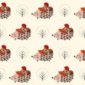 Hedgehog with mushroom,acorn and tree seamless pattern.