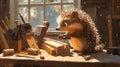 Hedgehog nailing wood together in a workshop.. Royalty Free Stock Photo