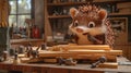 Hedgehog nailing wood together in a workshop.. Royalty Free Stock Photo