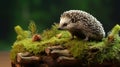 Hedgehog, native, wild European hedgehog on green moss covered blurred background. Generative Ai Royalty Free Stock Photo